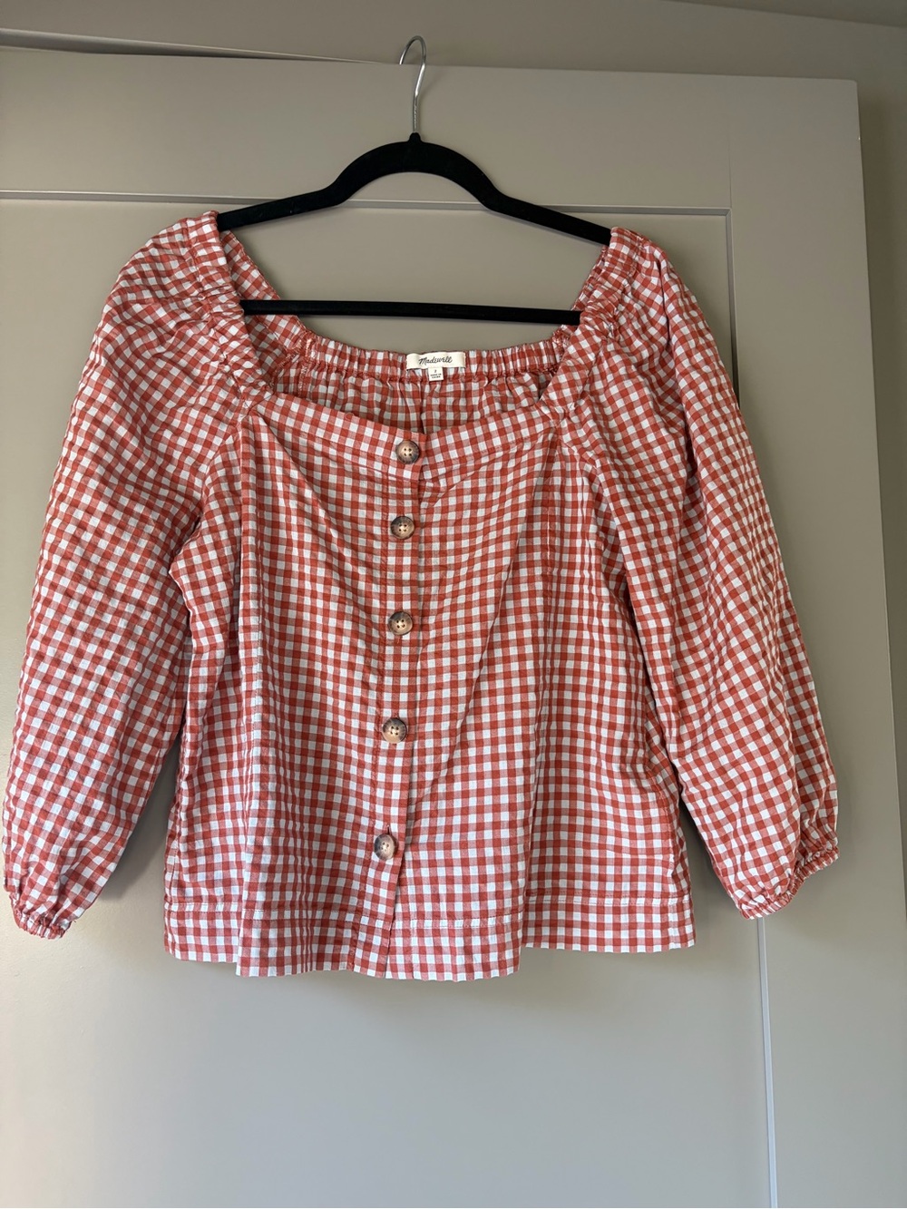 Madewell Rust Pink Gingham Button-Front Peasant Blouse